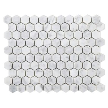 Imagem de Diflart Azulejo de mosaico de mármore branco Carrara, hexágono de 2,5 cm, polido, azulejos de mármore italiano Bianco Carrera para cozinha, banheiro, chuveiro, parede