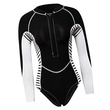 Imagem de Maiô feminino de neoprene de manga comprida com zíper | peso e FPS 50+íon | para mergulho, surfe e natação | PP-G preto PP