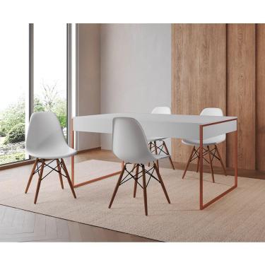 Imagem de Mesa Jantar Industrial Retangular Filadélfia Branca 137X90Cm Base Cobre Com 4 Cadeiras Brancas Eiffe