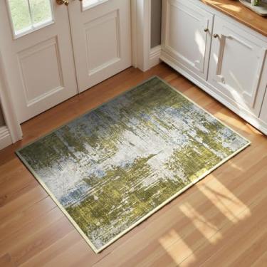 Imagem de Tapetes de entrada para ambientes internos 2x3 tapete de entrada verde lavável abstrato tapete de área pequena antiderrapante tapetes de pilha baixa para entrada, chão de cozinha, tapete de porta