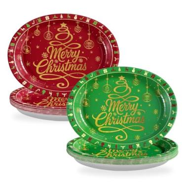 Imagem de Grencian Pratos de papel ovais de Natal 25,4 x 30,5 cm, grandes, vermelho, verde, pratos de feliz Natal, descartáveis, resistentes, bandeja de sobremesa, utensílios de mesa, para decoração de festa de