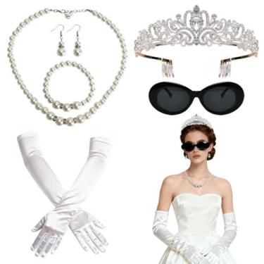 Imagem de Earssa 5 peças, acessórios de fantasia de princesa, feminino, tiara de princesa, luvas brancas, brincos de pérola, conjunto de colar, festa, aniversário, despedida de solteira, cosplay, roupa de