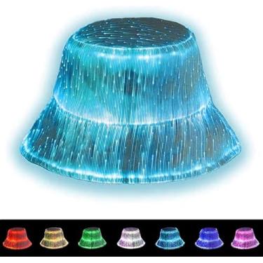 Imagem de Lumisonata Balde de rave LED, chapéu de pescador de fibra óptica, 7 cores, tecido de fibra ótica, recarregável por USB, chapéu de festa de Halloween para homens e mulheres, vestido chique de palco de