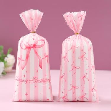 Imagem de 25 peças de sacos de guloseimas de celofane com laço rosa, sacos de plástico para presente de festa de boca plana com laços torcidos para aniversário, casamento, chá de bebê, biscoitos, lanches