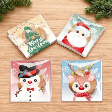 Imagem de 100 peças de sacos de celofane autoseláveis transparentes, 10 x 10 cm, sacos reutilizáveis de doces e biscoitos, 4 padrões festivos