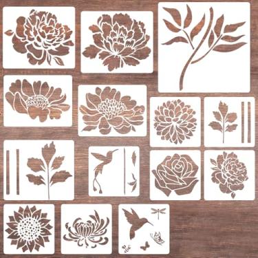 Imagem de 14 peças de estênceis de flores grandes para pintura em madeira, estêncil de flor para paredes, estênceis florais de padrão grande para cerca de jardim, reutilizáveis