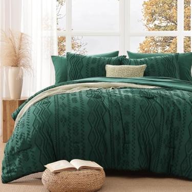 Imagem de AMBERSPACE Conjunto de edredom casal tufado, verde esmeralda, boêmio, 7 peças, conjunto de cama de fazenda para todas as estações, cama chique gasto em uma bolsa com lençóis, fronhas e fronhas