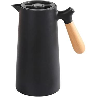 Imagem de Garrafa Térmica 1L A Vácuo para Café e Chá com Cabo de Madeira | Mantém Bebidas Quentes e Frias por Horas (Preto)