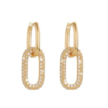 Imagem de Brincos femininos com fecho retangular, brincos de cristal de zircônia cúbica banhados a ouro 14K, One Size, Cobre, Sem pedra preciosa