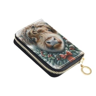 Imagem de Burbuja Porta-cartão de crédito Highland Cow vestindo uma guirlanda de Natal para mulheres e homens, bloqueio RFID, capa carteira de couro com zíper sanfonada, 11 compartimentos