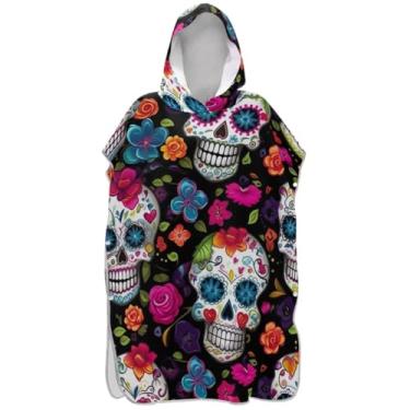 Imagem de Joisal Poncho floral de caveira de açúcar colorido para adultos trocador de roupas plus size adulto ponchos para mulheres praia moletom toalha floral
