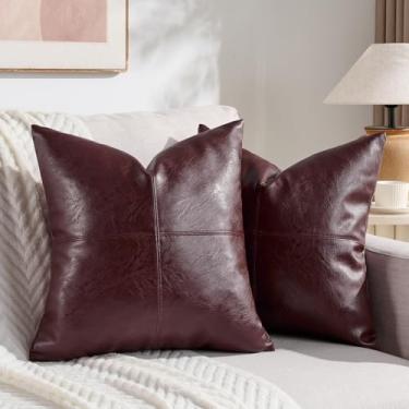 Imagem de Fancy Homi 2 pacotes de capas decorativas de couro sintético bordô 50 x 50 cm para sala de estar, sofá-cama, sofá, capa de almofada quadrada com detalhes cruzados, decoração de casa rústica moderna