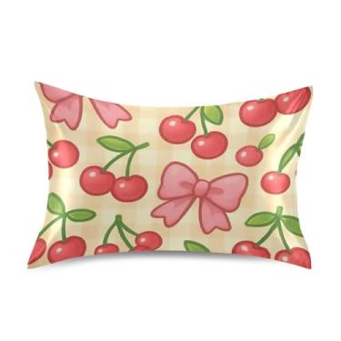 Imagem de Fronhas refrescantes florais personalizadas King Queen fronha padrão cetim quarto estética travesseiro slip queen tamanho 76.2 cm x 50.8 cm bonito vermelho cerejas rosa laços