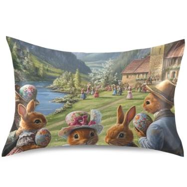 Imagem de Capa de almofada fofa de cetim com paisagem de coelhinhos da páscoa, padrão Queen King, estampa artística, capa de almofada macia para cama, tamanho Queen, 76,2 cm x 50,8 cm
