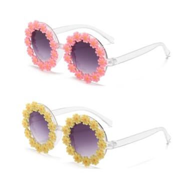 Imagem de SJBNCai Óculos de sol de flores redondas para mulheres, retrô, margarida, fofo, proteção UV 400, óculos em forma de flor para praia ao ar livre, Rosa + amarelo, One Size