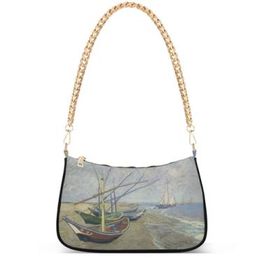 Imagem de Ovos de Páscoa coelho prado bolsas fofas mulheres Hobo festa bolsa feminina pequena bolsa de ombro fofa desenho animado pequena, Van Gogh Fishing Boats Beach