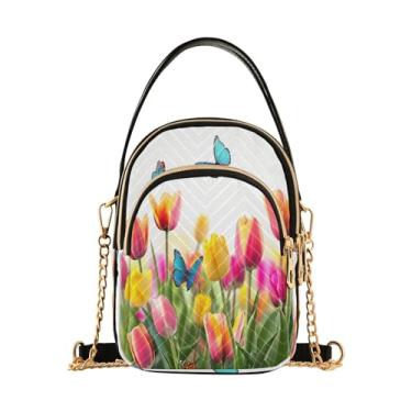 Imagem de Joisal Bolsa tiracolo acolchoada com desenho de cachorro-quente para mulheres, bolsa de ombro pequena com zíper triplo para o verão, Tulipas borboleta, 15*21*8cm