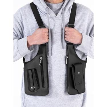Imagem de Bolsa masculina de ombro duplo para axila com alça ajustável, couro PU, antifurto, oculta, para celular, bolsa para uso ao ar livre, Preto, Versátil