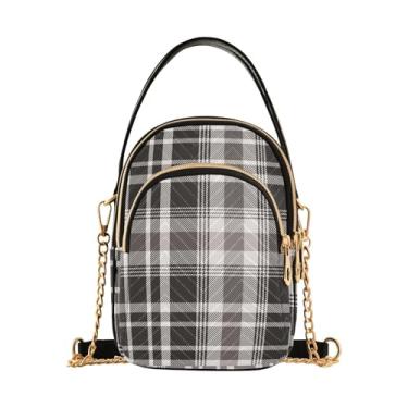Imagem de Joisal Bolsa tiracolo feminina tamanho pequeno com zíper triplo, bolsa de ombro, bolsas de celular para mulheres, Xadrez com textura preta e branca, 15*21*8cm