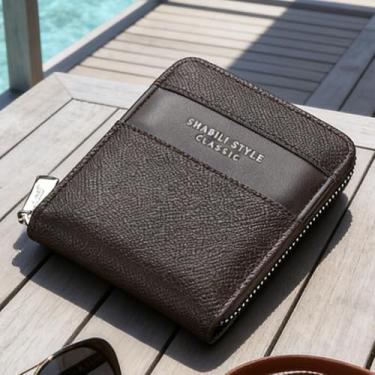 Imagem de Carteira masculina de couro curta com zíper, carteira tradicional de café escuro (café escuro)