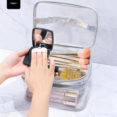 Imagem de aqxreight Bolsa Cosmética Feminina Transparente, Camada Dupla, à Prova d'água, Alta Capacidade, Armazenamento de Produtos de Higiene Pessoal para Viagem, Rosa, Conveniente, Faz e é Cosmética (Rosa)