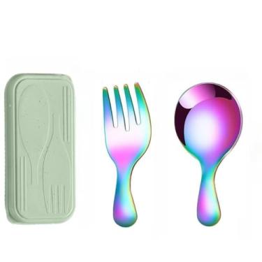 Imagem de Mini garfo de colher portátil para uso ao ar livre, aço inoxidável 304 para viagem, acampamento, garfo de colher de cabo curto para uso diário de piquenique (laser)