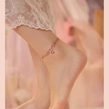 Imagem de 1 tornozeleira elegante de duas camadas de flor de pêssego incrustada com zircão em ouro rosa e cobre, adequada como presente para mulheres