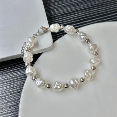 Imagem de Pulseira barroca de imitação de pérolas para mulheres, pulseira artesanal com contas irregulares, joias elegantes de estilo coreano, One Size, liga metálica, Sem Pedra Preciosa