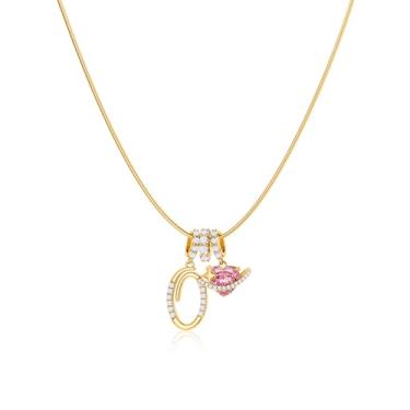 Imagem de Robaice Colar feminino banhado a ouro 14 K, pingente de letra de coração planeta rosa com corrente redonda de espinha de peixe, joia que não mancha. Presente para ela, 16'' + 2'' extender, Metal, Sem