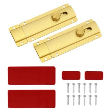 Imagem de PATIKIL Trava de ferrolho de porta deslizante de 9,9 cm, 2 peças de fecho de cadeado de segurança de liga de alumínio com parafusos para janela de porta de banheiro de garagem de celeiro, tom dourado