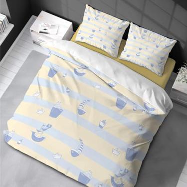 Imagem de Conjunto de capa de edredom listrado de veleiro azul amarelo conjunto de cama decorativo de 3 peças com 2 fronhas infantil king size 155 x 220 cm -50 x 75 cm*2