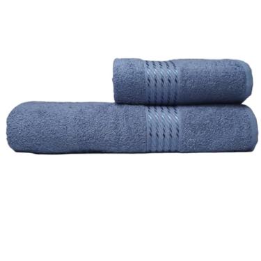 Imagem de Jogo Toalha de Banho e Rosto Felpuda 2 Peças - Algodão com Detalhes em Viscose e Alta Absorção (Azul Lisa)