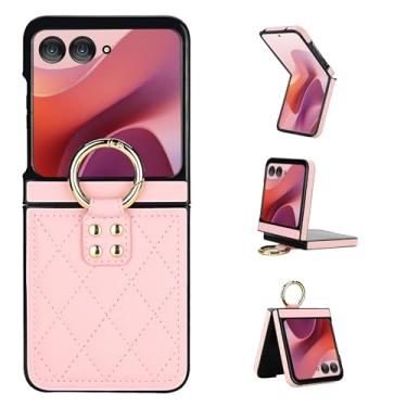 Imagem de Capa para Motorola Razr 50, capa traseira ultrafina e leve com anel de metal, capa de couro fina à prova de choque, design elegante de ponto de diamante (rosa)