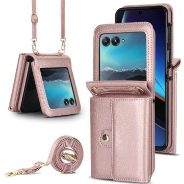 Imagem de Capa carteira para Motorola Razr 50, porta-cartões com bloqueio RFID e alça destacável, couro durável e TPU, 4 compartimentos para cartão, proteção contra quedas, capa flip com suporte para uso diário