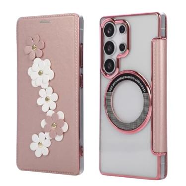 Imagem de Capa carteira para Samsung Galaxy S23 Ultra, 3 compartimentos para cartão e anel magnético, bloqueio RFID, compatível com carregamento sem fio, traseira transparente, design floral de couro, proteção