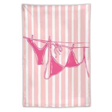Imagem de Tapeçaria de biquíni rosa em linha minimalista arte listrada fundo listrado decoração de casa temática de praia para quarto banheiro verão vibe40 x 60 tapeçaria