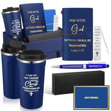 Imagem de Widecook Conjunto de 6 peças de presente cristão para homens, copo de aço inoxidável, de 500 ml, caderno, marcador de livro de metal religioso, caneta bíblica com caixa e 1 cartão de felicitações para