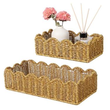 Imagem de UPINFREE Cesta de papel higiênico recortada – Resina de vime resistente à água Armazenamento Vaso Sanitário Topper Estilo Boho Conjunto de 2