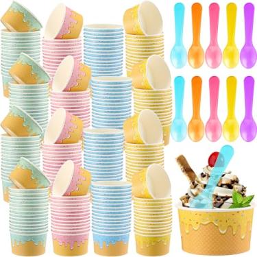 Imagem de Ninehaoou Pacote com 200 copos de sorvete com colheres copos de sobremesa de papel tigelas coloridas de sudae recipientes de sorvete descartáveis para sopa quente primavera verão formatura bar
