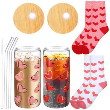 Imagem de Domensi 2 conjuntos de copos de vidro de dia dos namorados com corações meias copo com tampa e canudo presentes de dia dos namorados para casal, mulheres, homens, café gelado, lata de cerveja para