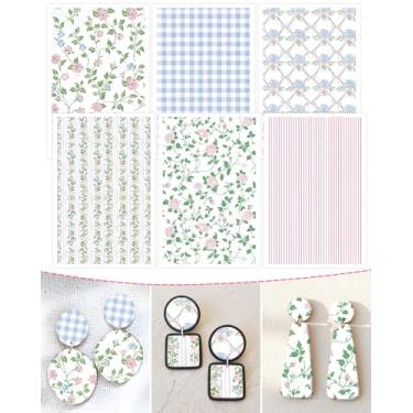 Imagem de Papel de transferência de argila de polímero de flores - 18 peças de folhas de transferência de argila xadrez xadrez floral de primavera para fabricação de joias de brincos