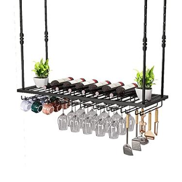 Imagem de Suporte de metal para garrafa de vinho e vidro para pendurar no teto rack de vinho e suporte de garrafa de vinho ajustável industrial pendurado rack de vidro de vinho rack de armazenamento para