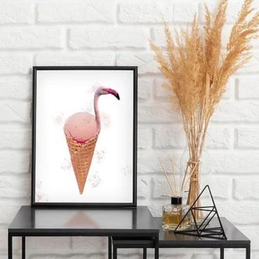 Imagem de Quadro Decorativo Flamingo Sorvete 33X24Cm - Madeira Preta