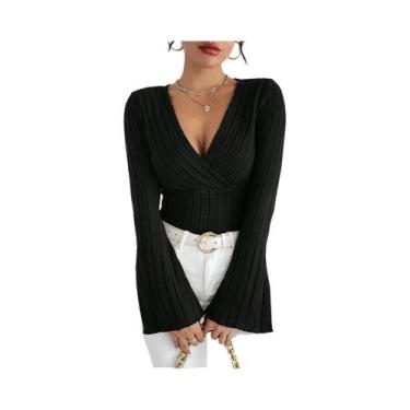 Imagem de Camiseta Feminina De Malha Com Decote Em V, Listrada, De Manga Longa, 