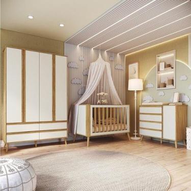 Imagem de Quarto de Bebê Berço Arredondado 3 em 1 Guarda-Roupa 4 Portas e Cômoda