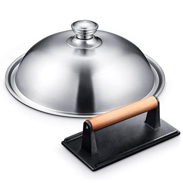 Imagem de Kit de acessórios para grelha HOMENOTE – 30,48 cm de pesada capa redonda para lixamento de queijo com ferro fundido Burger Bacon Press – Perfeito para grelha plana cozinhar em ambientes internos ou externos