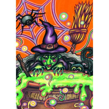 Imagem de Toland Home Garden Magic Spell 71 x 101 cm Bandeira decorativa colorida de Halloween com caldeirão de gato e aranha