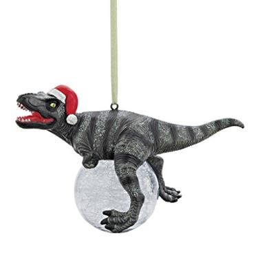 Imagem de Design Toscano Enfeite de árvore de Natal Blitzer o Dinossauro T Rex, 12 cm de comprimento, resina de pedra fundida com bola de vidro, acabamento em glitter verde