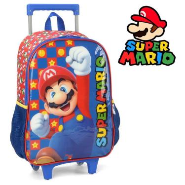 Imagem de Mochila Azul Infantil Super Mario Bros de Rodinhas Escolar