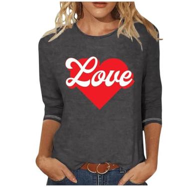 Imagem de Camisetas femininas com estampa de coração de três quartos para meninas e mulheres Cruise Cute Spring Tops para mulheres, Blusas de verão femininas cinza, XXG